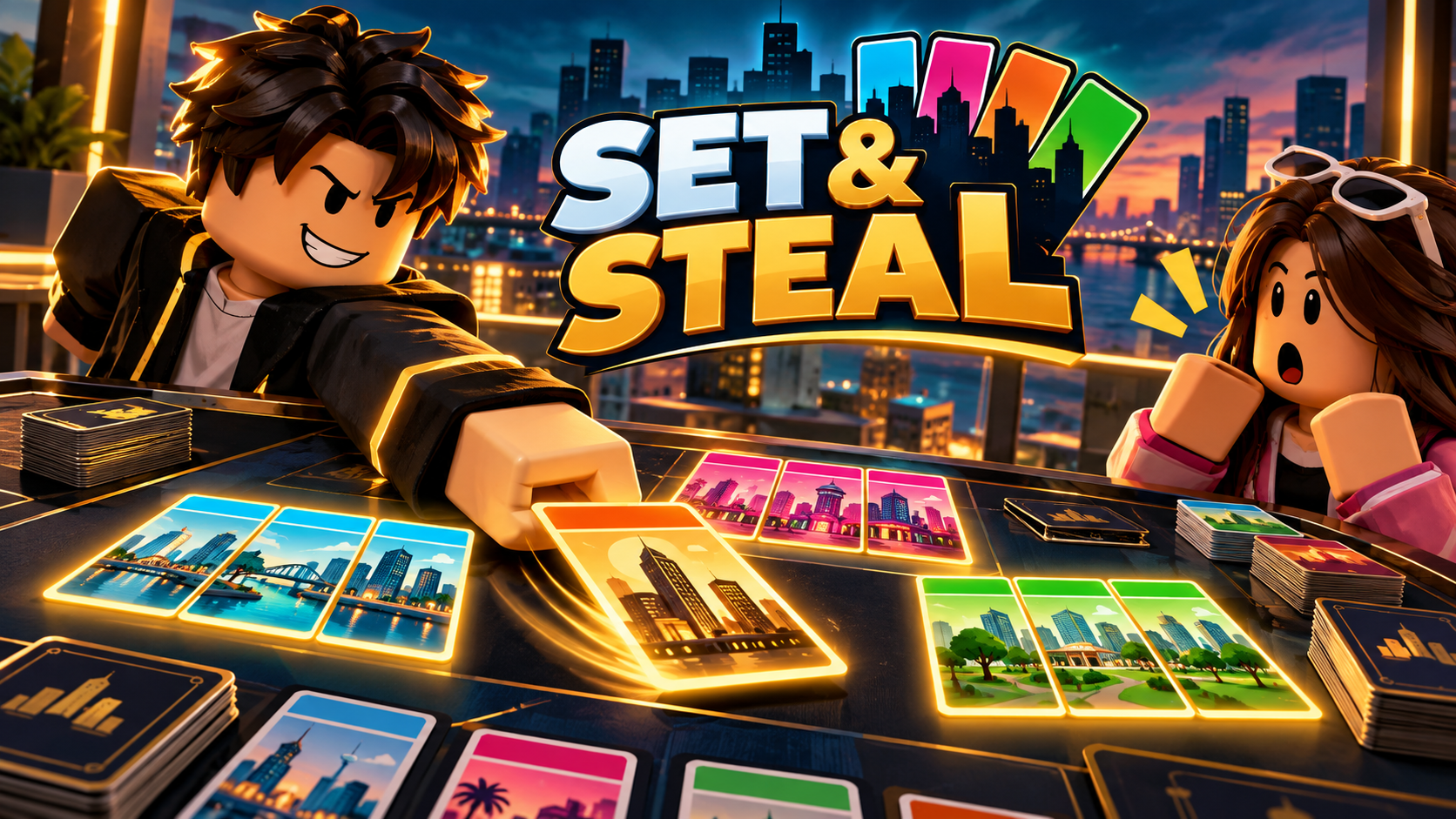 Set & Steal cards around a glowing city table